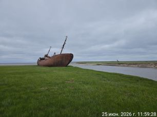 Брошенное судно на берегу у д. Белушье